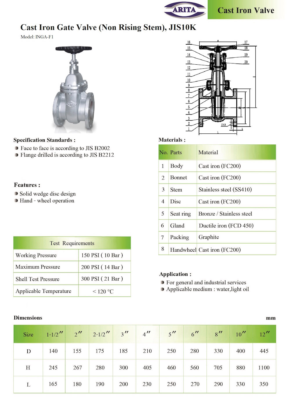 Arita Cast Iron Gate Valve Nrs Jis 10k 2289